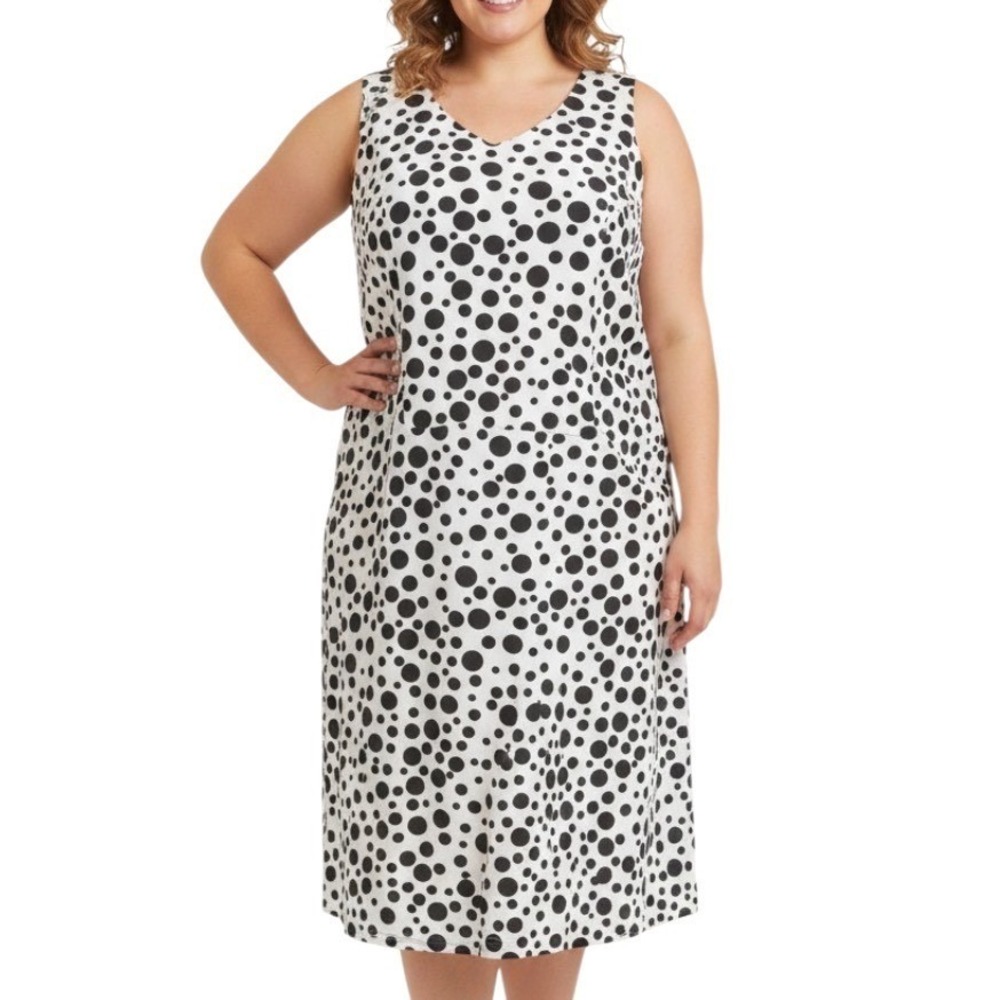 ROAMAN'S Sleeveless Sheath Dress WHITE w/BLACK POLKA-DOTS Super Fun Midi SZ 22W